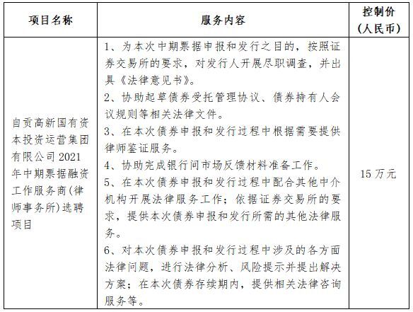 自貢高新國有資本投資運營集團有限公司2021年中期票據融資工作服務商(律師事務所)選聘項目(第二次) 公開比選公告